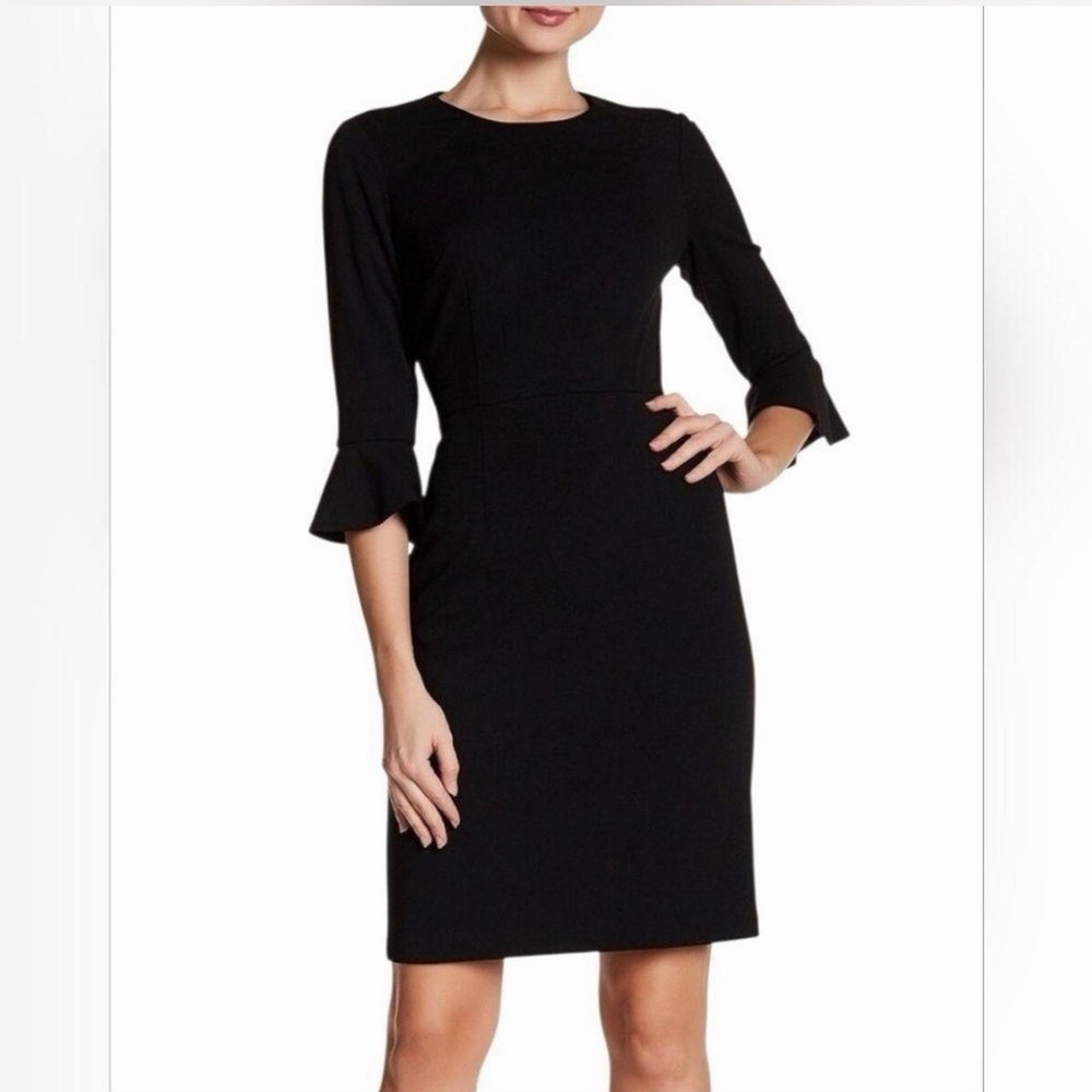 Donna Morgan Black Sheath Dress Sz 6 Midi 3/4 Bell Sleeve‎ Stretch Career Office